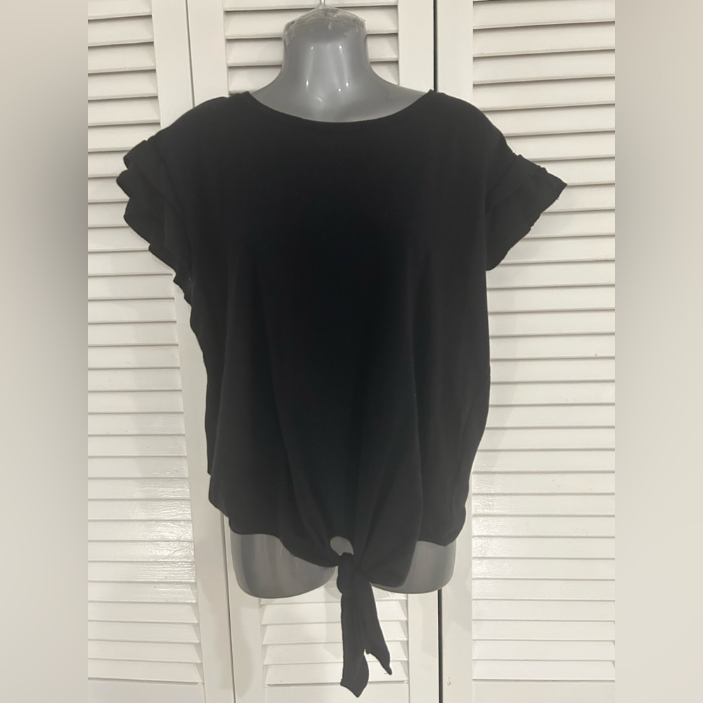 Laundry By Shelli Segal Black Tie-Front Cap Ruffle Sleeve Top